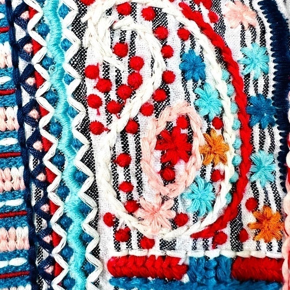 J.Jill Love Linen Boho Striped Embroidered Peasant Top with Tassels 3/4 Sleeve M - Picture 7 of 16
